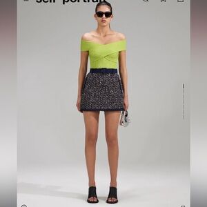 NWT Self-Portrait Green Lurex Knit Off-the-Shoulder Crop Top